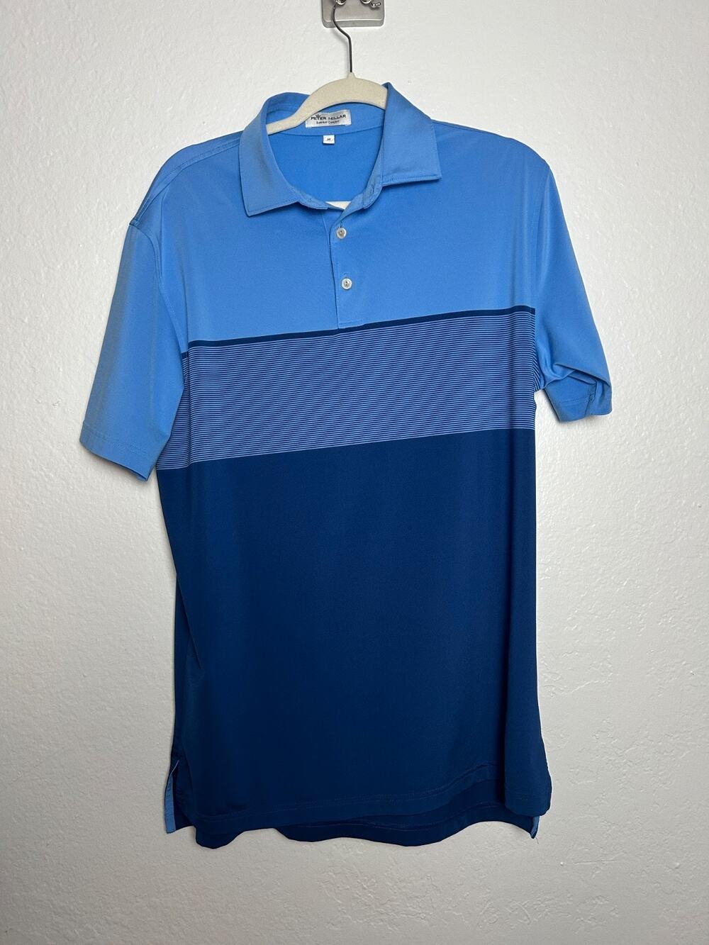 Peter Millar Blue Striped Short Sleeve Polo Shirt Golf Stretch Cotton Sz Med